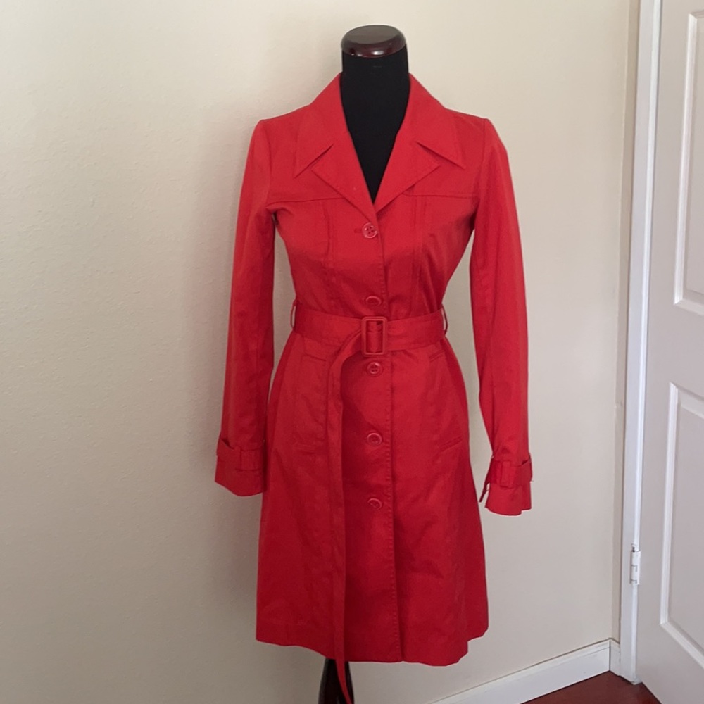 H&M RED BELTED BUTTON DOWN COAT JACKET